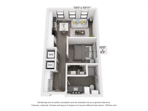 Floor plan for 1 bed, 1 bath, 544 sqft